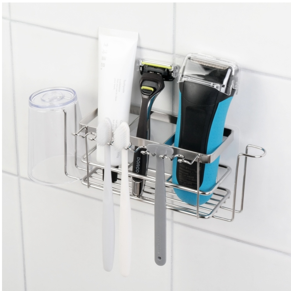 Smart Adhesive Toothbrush Holder Rack -  Holds 6 Toothbrushes, 2 Cups, 3 Toothpastes